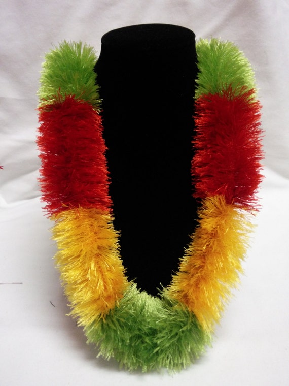Eyelash Yarn Lei Red Bright Green and Yellow by KapakahiCreations