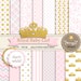 Crown Digital papers and Clipart, Royal Princess Girl Baby Shower, Birthday Pink and Gold Birth Announcement, Scrapbooking Paper Party Theme
