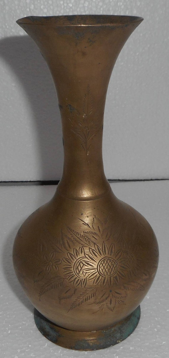 India Vintage Brass Vase Hand Engraved & Hand Made Over 60