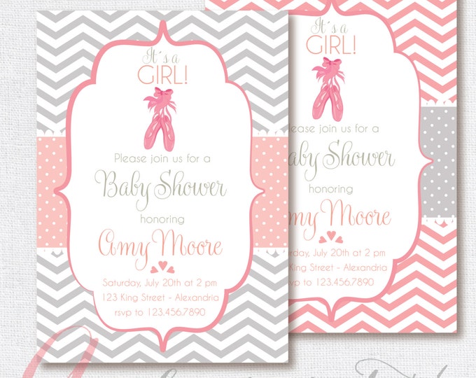 Baby Shower Invitation. Baby girl. Chevron style babyshower invitation. Ballerina babyshower. Printable