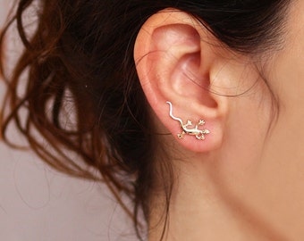 Gold lizard Ear Cuff , pin lizard earrings , , Ear Climber , lizard jewelry, gecko jewelry, Nickel FREE