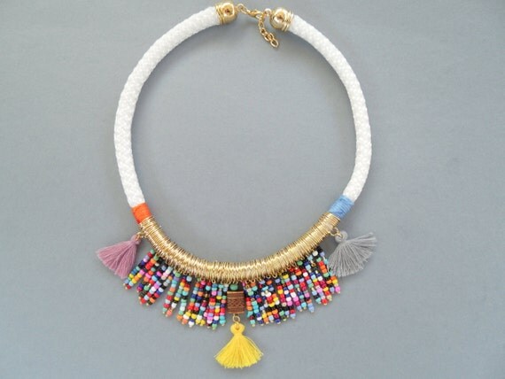 Tribal Tassel necklace Multicolor-Boho necklace-Bib by marizasShop