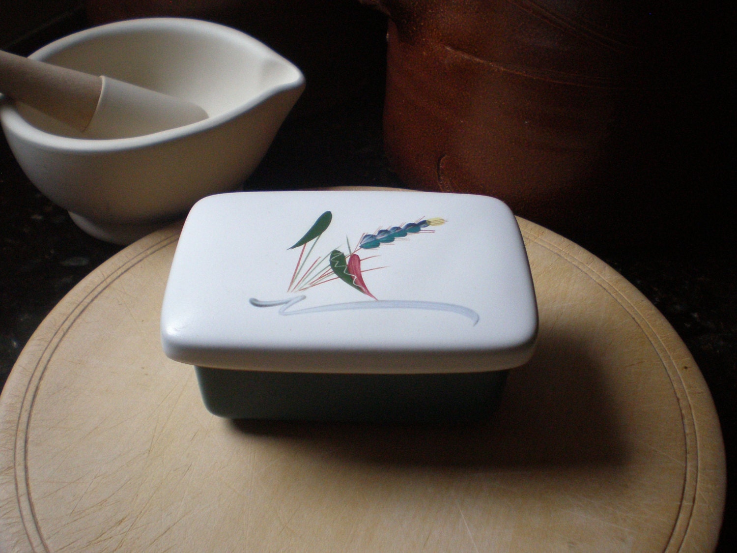 Vintage Denby Greenwheat Butter Dish with Lid 1960s/70s Retro Tableware