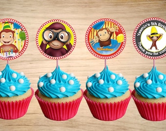 Curious George Cupcake Toppers - Curious George Birthday Party Tags -Curious George Circle Favor Tags 2"