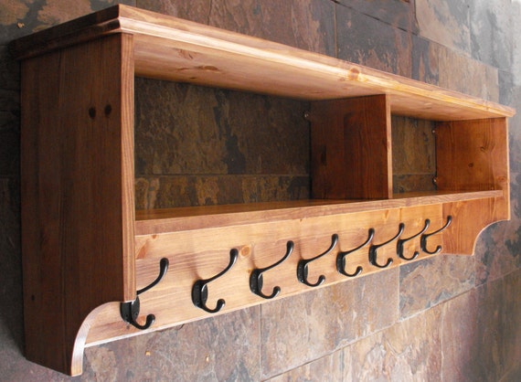 Wide hat coat rack with shelf. Wall mounted solid wood