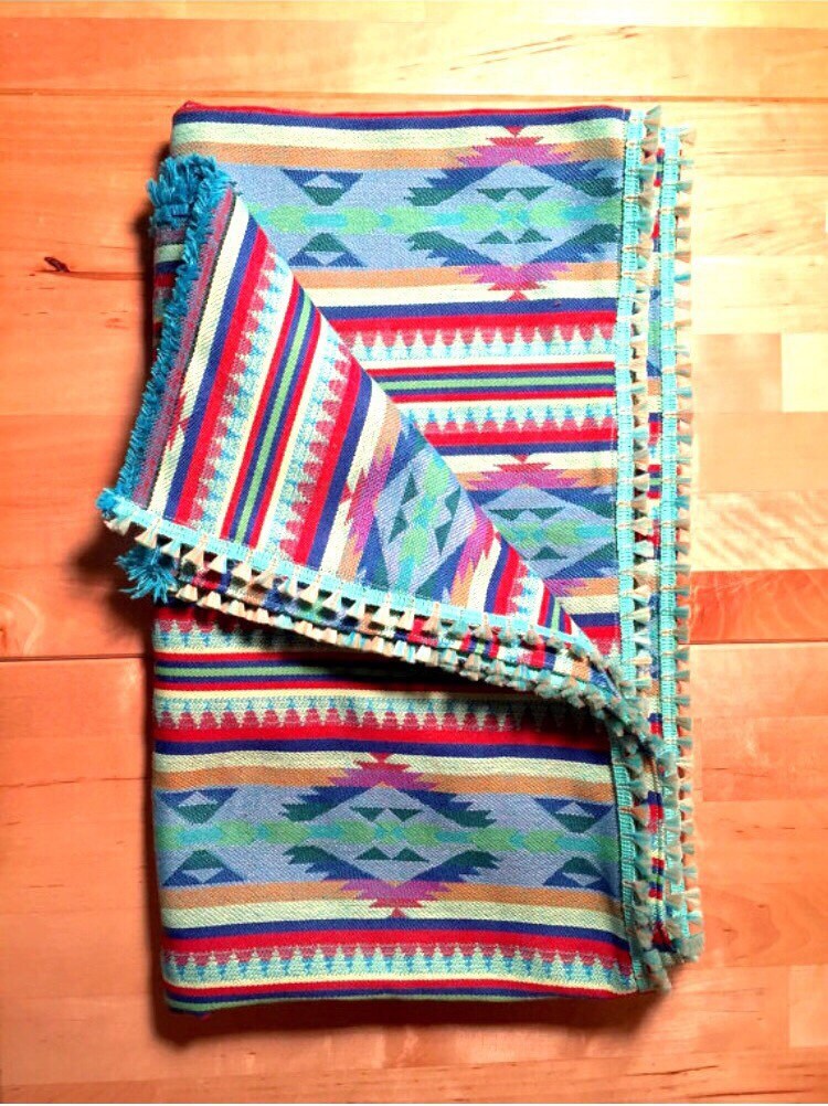 Boho Tribal Print Blanket with Mini Tassle Trim / Picnic