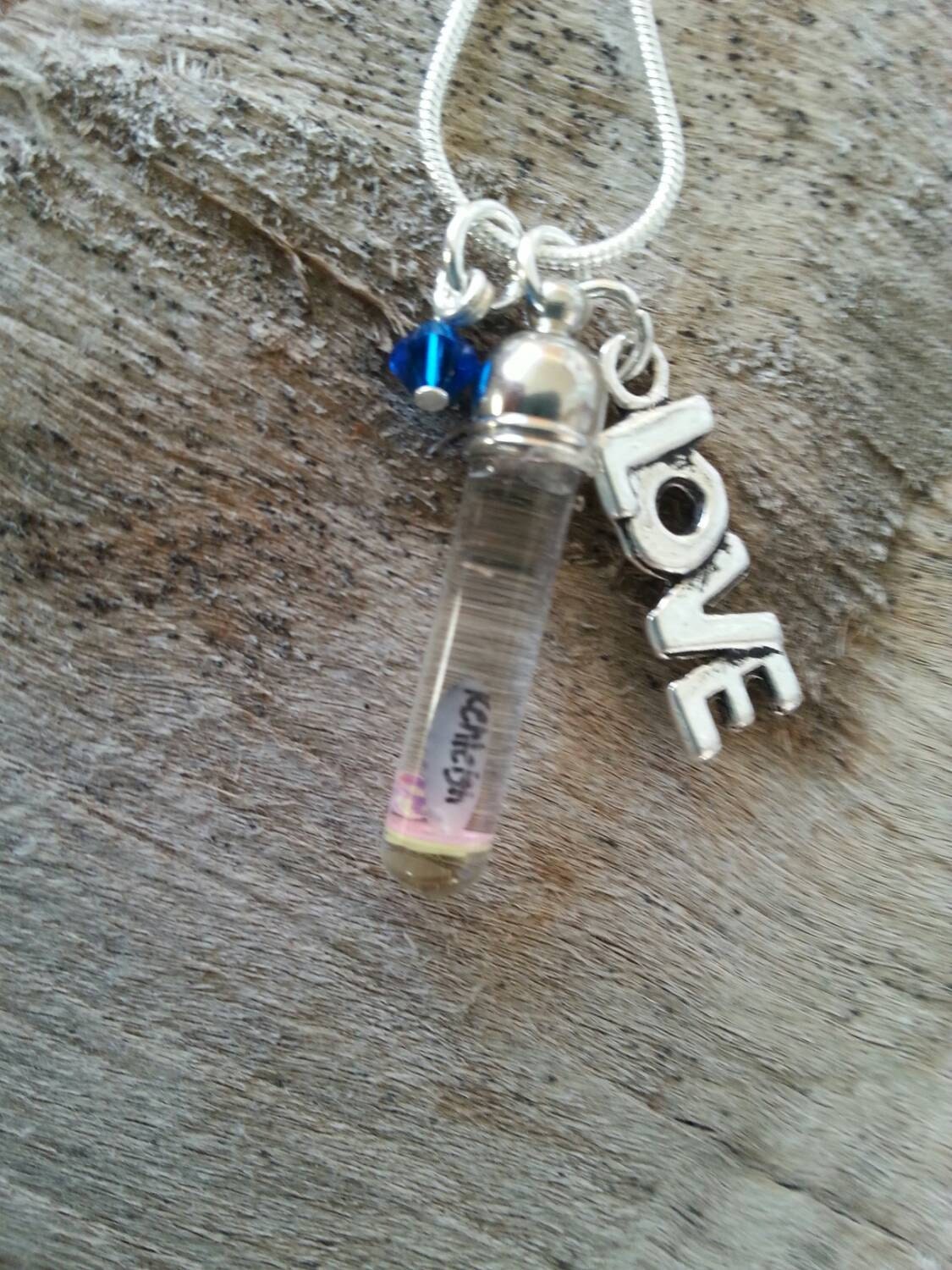 Your name on rice glass vial necklace with love charm and