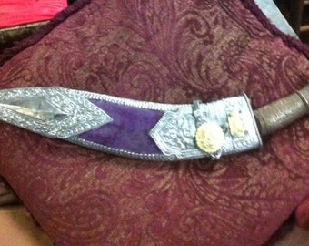 Vintage Nepalese Ceremonial Kukri Knife with Tooled Silver and Gold Decorated Scabbard