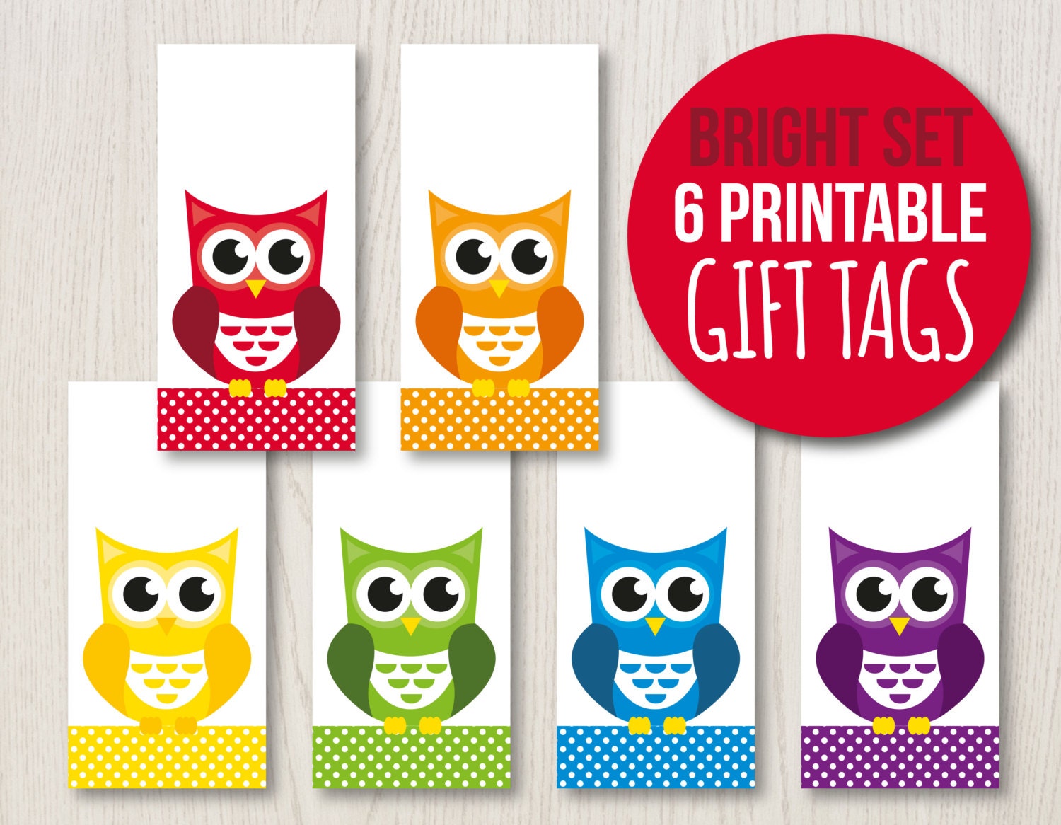 gift tag set bright owl tags printable labels instant