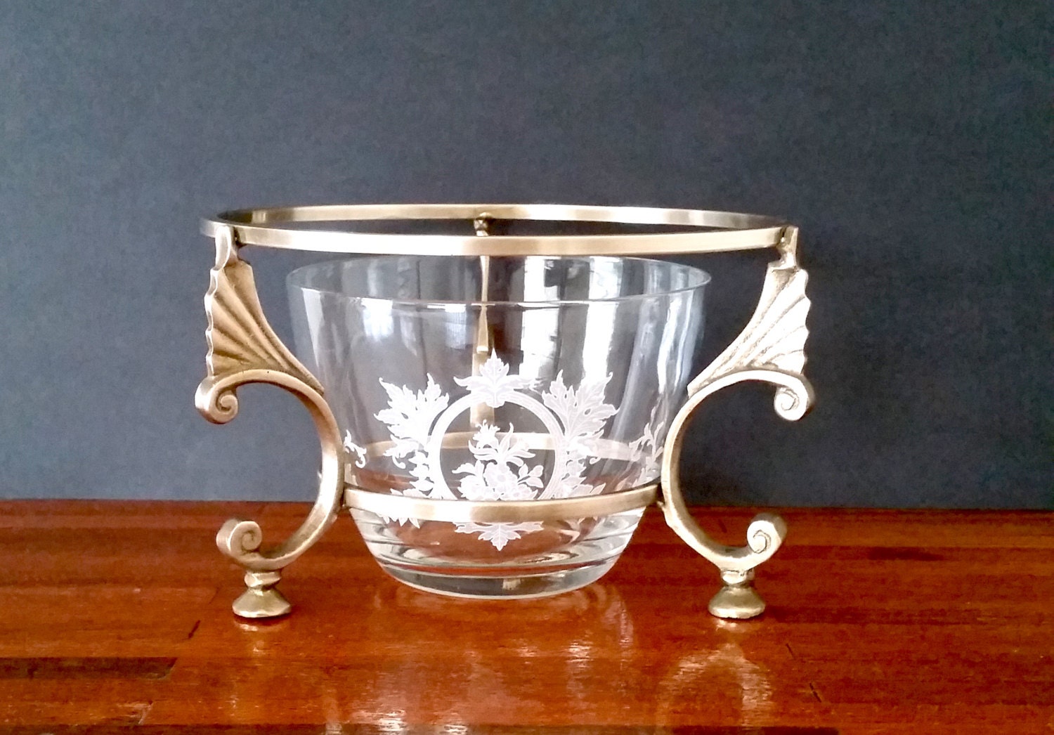 Vintage brass stand glass bowl potpourri planter or pot