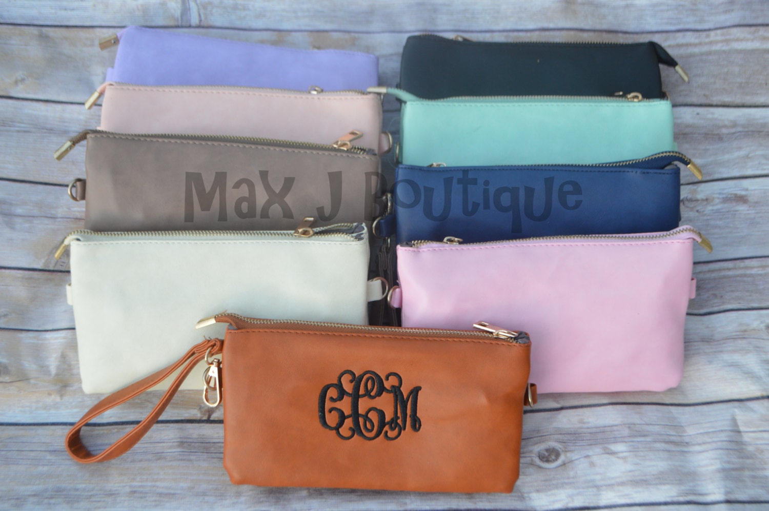 Monogrammed leather wristlet Personalized clutch