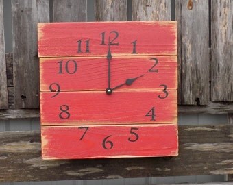 Rustic Red Wall Clock, Barn Clock, Primitive Clock, Pallet Wood Clock, Farm Clock, Red Wood Clock, Rustic Wood Clock, Primitive Country