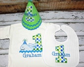 Boys Birthday Whale Shirt, Hat,Bib,Boys Birthday Outfit,First Birthday Outfit,Embroidered Applique Shirt Hat