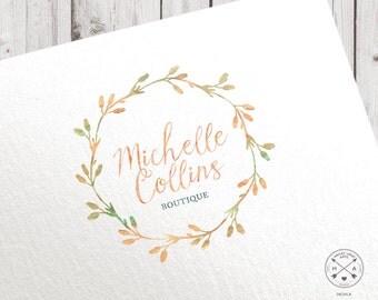 Premade logo | watercolor wreath floral | peach mint green | calligraphic logo script design photographer blogger studio shop craft branding