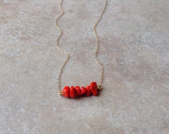 Small bead coral necklace, red coral necklace, gold dainty necklace, coastal necklace, pretty delicate necklace, minimalist jewelry