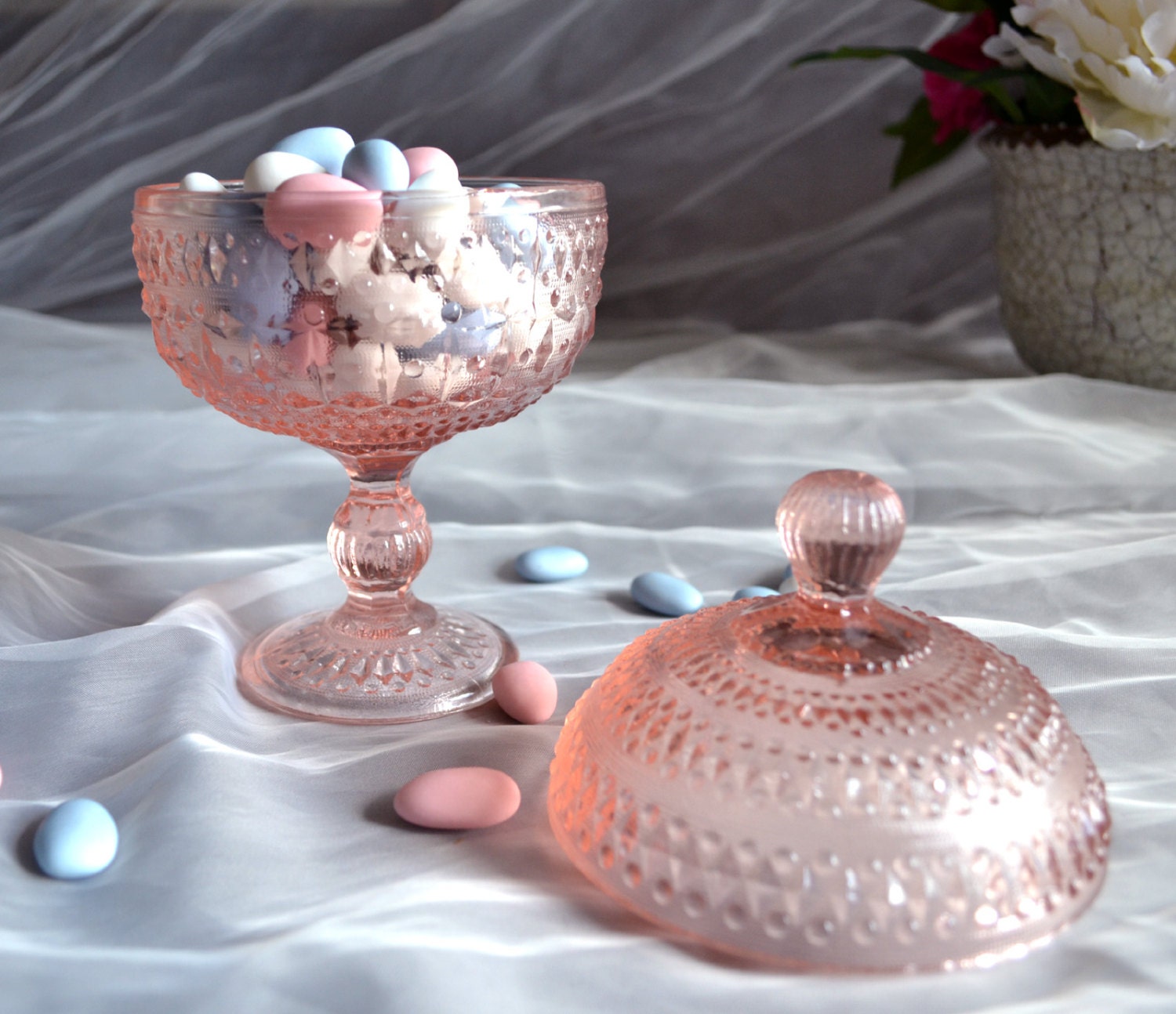 Vintage French Pink Glass Pedestal Dish Bonbon Bowl Candy