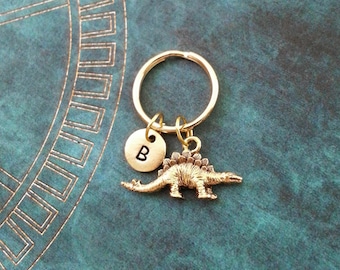 Dinosaur Keychain VERY SMALL Stegosaurus Keychain Personalized Initial Keychain Gold Dinosaur Keyring Boyfriend Keychain Stegosaurus Keyring
