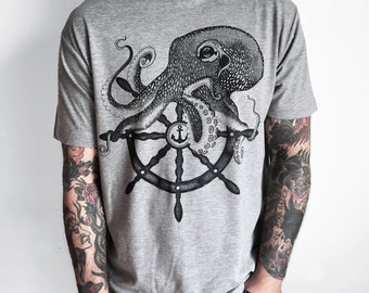 OCTOPUS shirt, mens t-shirt, steampunk clothing, boyfriend t-shirt, kraken shirt, sailor t-shirt, tattoo shirt, pirate shirt, vegan clothing