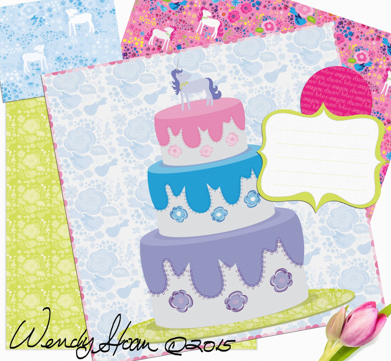 unicorn party digital scrapbook printable papers by mainsailstudio