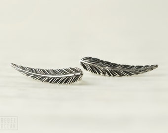 Sterling Silver Ear Cuff Feather Ear Climber Pin Earrings Boho Jewelry - FES018 T1