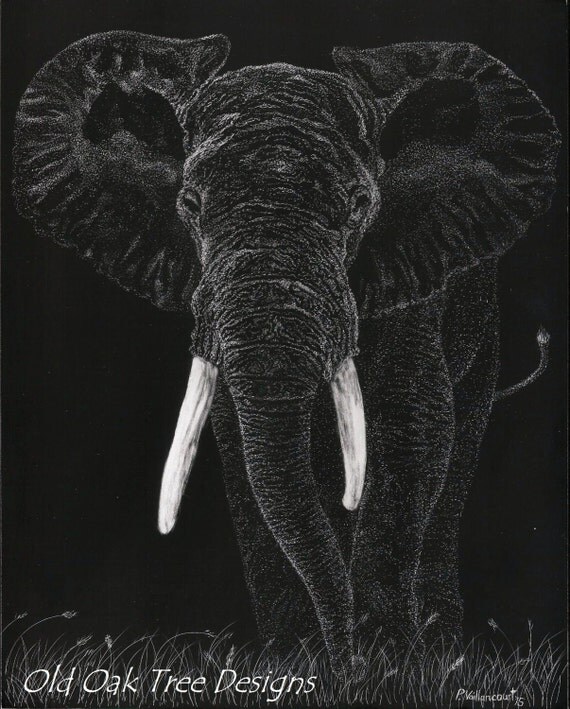 Items similar to African Elephant Scratch Art Print Elephant Art