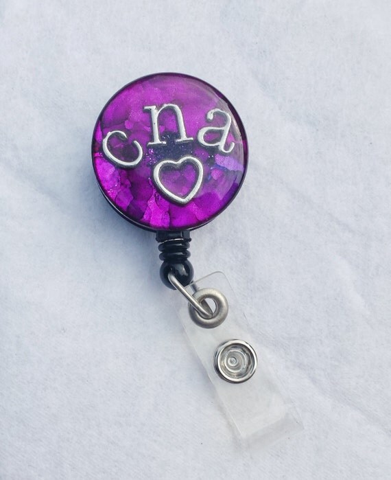 CNA name badge holder with a purple background and by POLYandRES