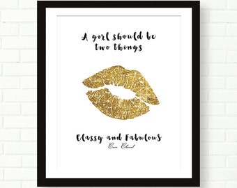 Printable Typography, Coco Chanel Quote, Gold Foil, Gold Lips, A Girl Should Be Two Things Classy And Fabulous, PRINTABLE, INSTANT DOWNLOAD
