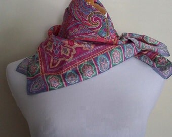 Paisley scarf, 70's paisley scarf, silk scarf, retro scarf, pastel scarf, mod floral scarf, pink scarf