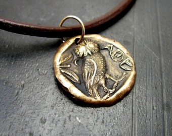 Mens Owl Necklace - Greek Coin Jewelry - Bronze - Mens Leather Necklace - Artisan made Pendant