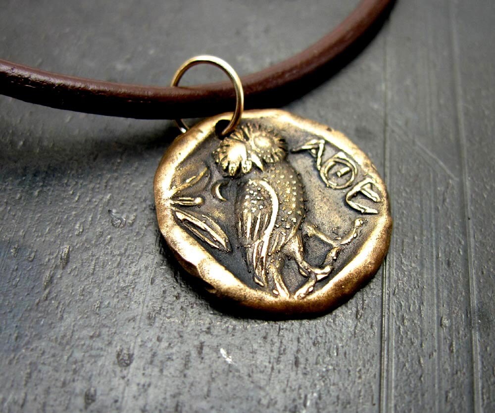 Mens Owl Necklace Greek Coin Jewelry Bronze Mens Leather