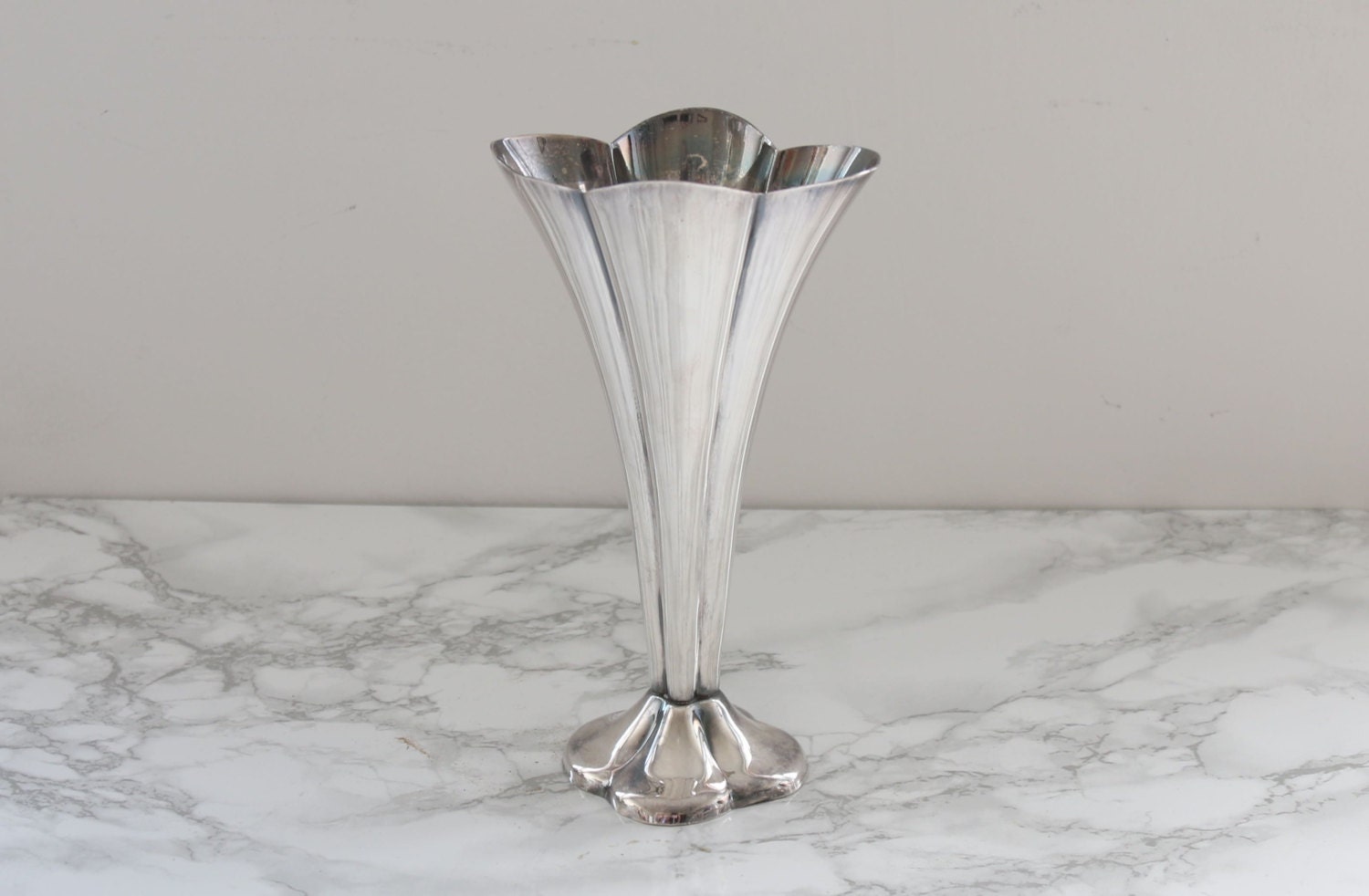 Vintage Metal Tall Fluted Silver Metal Vase with Scallop Edge