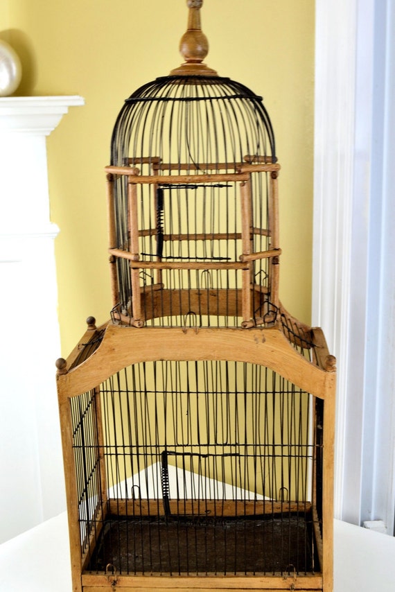 Vintage Victorian Bird Cage Wire & Wood Single Dome