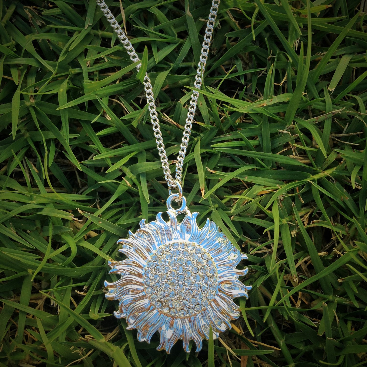 Sterling Silver Plated Diamante Bling Sunflower Pendant/