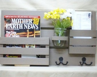 Magazine Holder - Mail Organizer - Wood - Wall Hanging - Mail Holder - Key Hooks - EntryWay Organizer - Coat Hooks - Jar