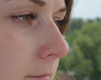 Gold 2mm Blue Opal Nose Ring Hoop, Tragus jewelry, Daith earring, Cartilage hoop earring, Helix piercing, Rook piercing, Nose piercing 20g