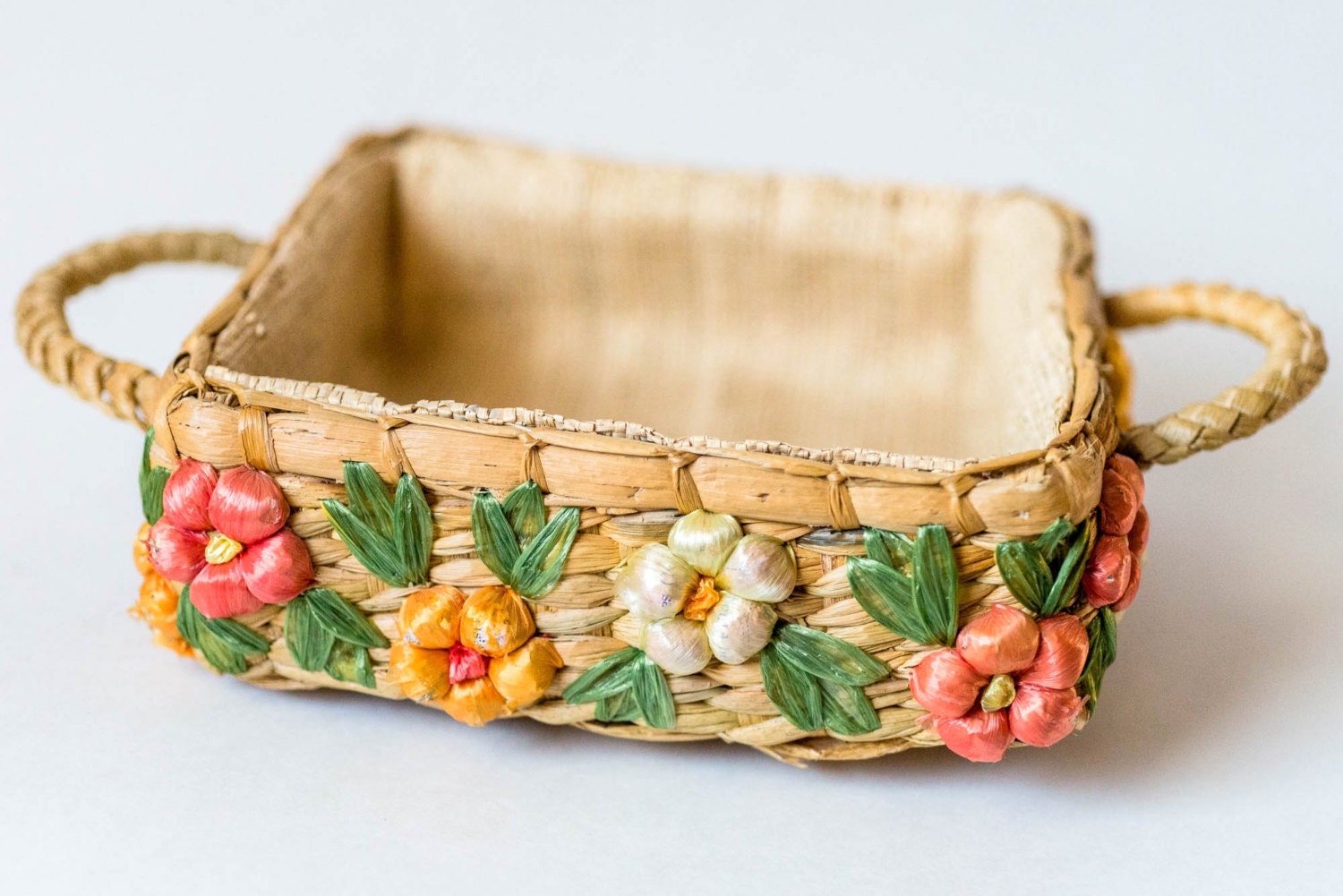 Vintage Mod Weaved Basket Wicker Mid Century Fruit Basket with