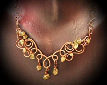 Wire wrapped peridot brass neclace