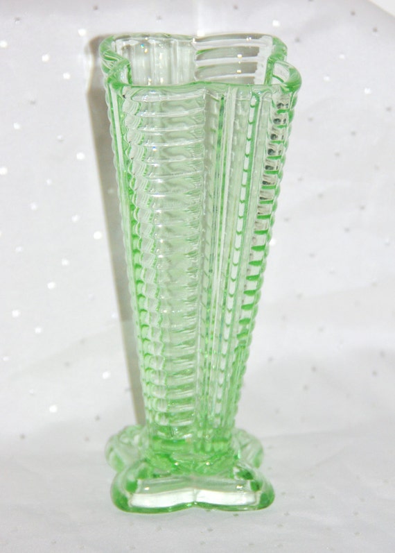 1930s Art Deco Green Depression Glass Vase By LizzysVintageGems