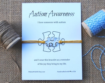 Autism Awareness Bracelet ~ Puzzle Charm Wishing Bracelet Cotton Waxed Cord ~ Inspirational Gift ~ Wish Bracelet ~ Love Inspirational Card