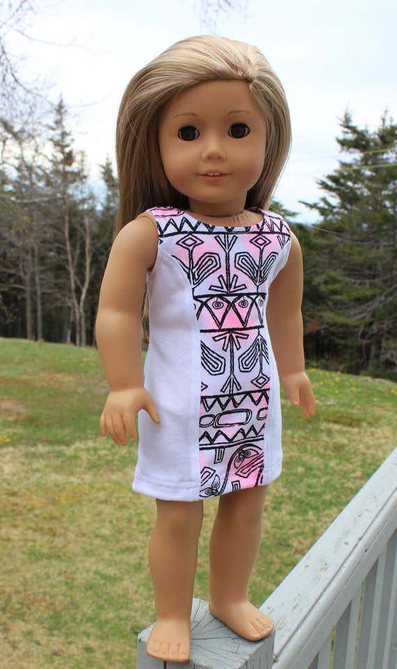 18 inch doll clothes, Ascot dress,white tribal print dress ,sleeveless dress, white fitted dress, american girl, Maplelea