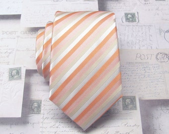 Peach Mens Ties. Narrow Ties. Peach Dusty Gold Cream Stripes Mens Narrow Necktie with Matching Pocket Square Option. Wedding Ties.