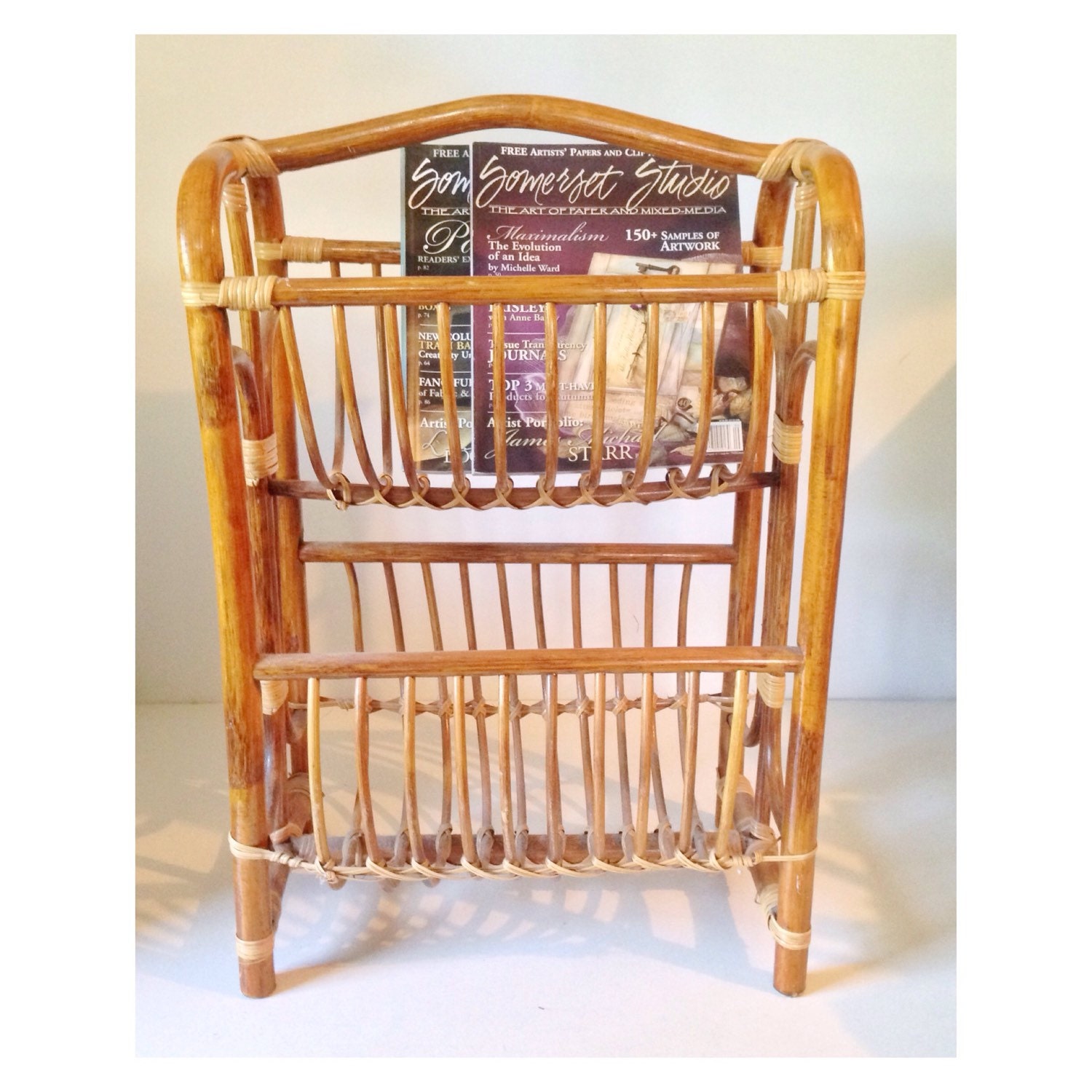 vintage rattan magazine rack two level rattan storage