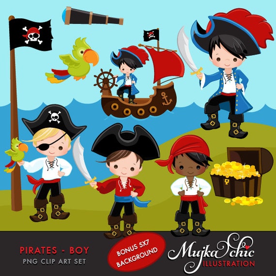Pirate clipart. Pirates, Ships and Treasure Island Clipart. Captain, treasure chest, island, pirate ship, flag, sailors, pirate kids, parrot Il_570xn