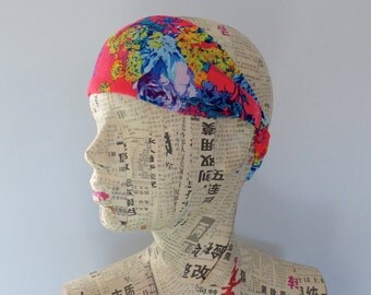Chiffon head band, fluo floral head band, head scarf. Head wrap. Hair band, hair tie, bandana, head tie.