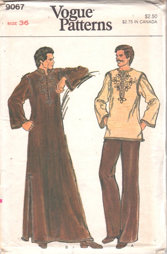 Vogue 9067 1970s Mens Pullover Side Slit Caftan or by mbchills