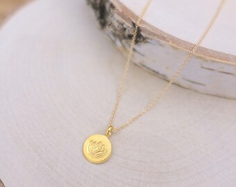 Yellow Gold Lotus Necklace, Gold Lotus Flower Disc Charm, Gold Vermeil Charm, 14K Gold Filled Chain, Gold Vermeil Lotus Flower Disc Necklace