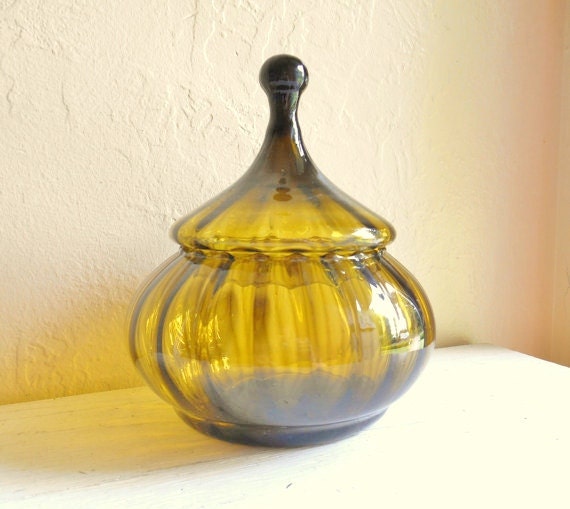 Beautiful Unique Green Glass Jar with Lid