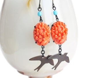 Orange Flower Earrings Vintage Carved Glass Earrings Orange Dangles Chrysanthemum Jewelry Floral Bird Mum Earrings Orange Floral