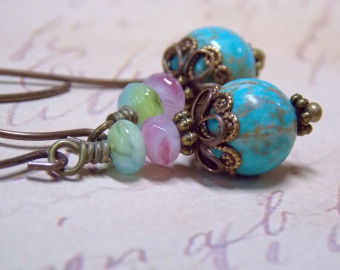 Czech Glass Earrings Boho Earrings Turquoise Earrings Pink Green Blue Earrings Vintage Style Dangle Drop Gift Small Light Dainty Earrings