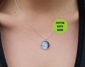 Tiny Birth Moon Necklace - Custom Personalised Moon Pendant Glass Dome full moon Necklace Birthday Birthstone